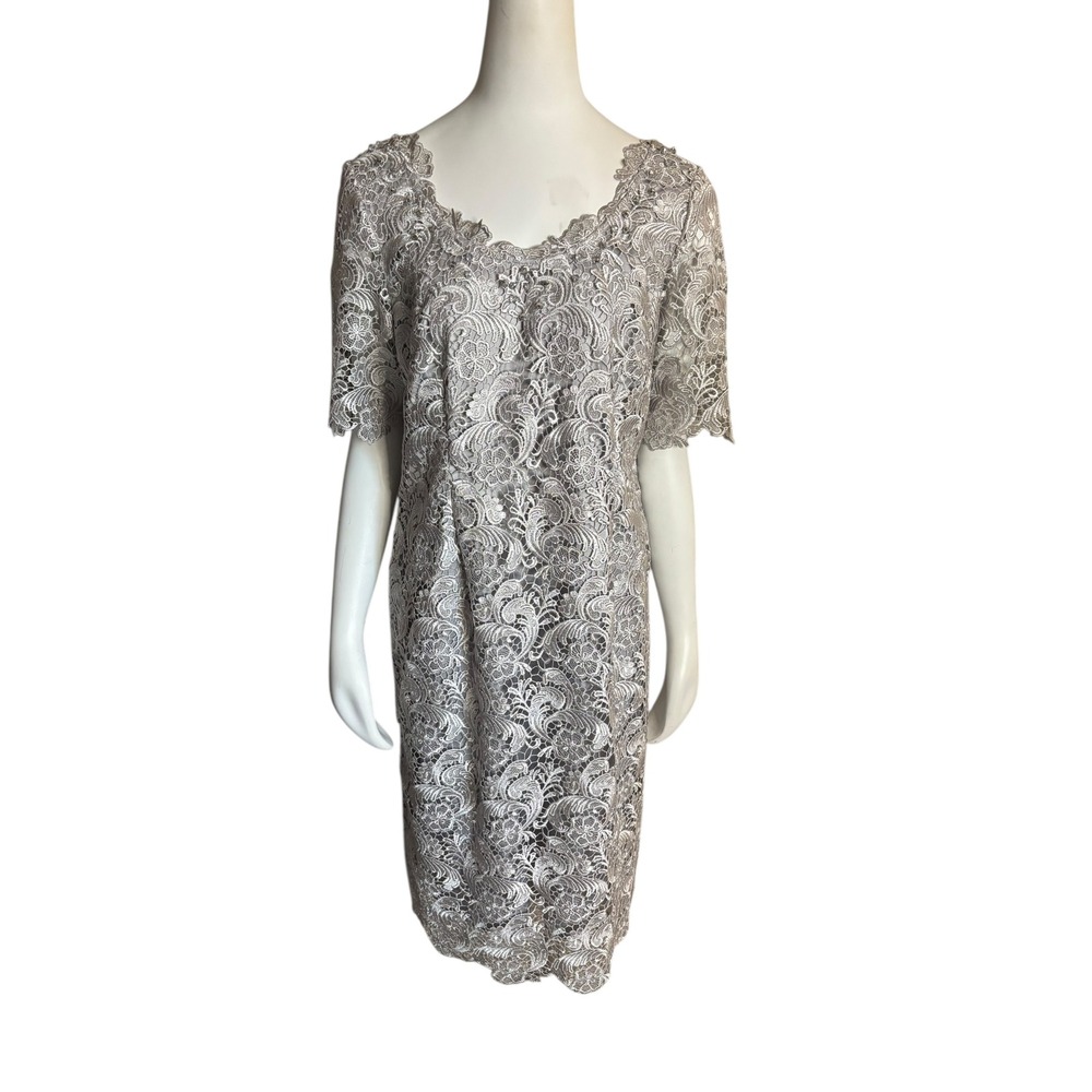 Elegant Silver Lace Sheath Dress Knee Length Short Sleeve Special Occasion S 12 - Picture 6 of 10